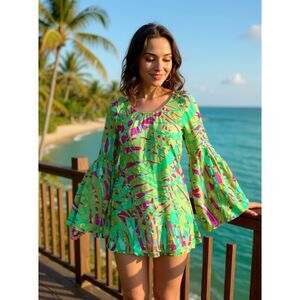 Milly New York Tropical Resort Silk Blouse Size 2 Green Pink Gold